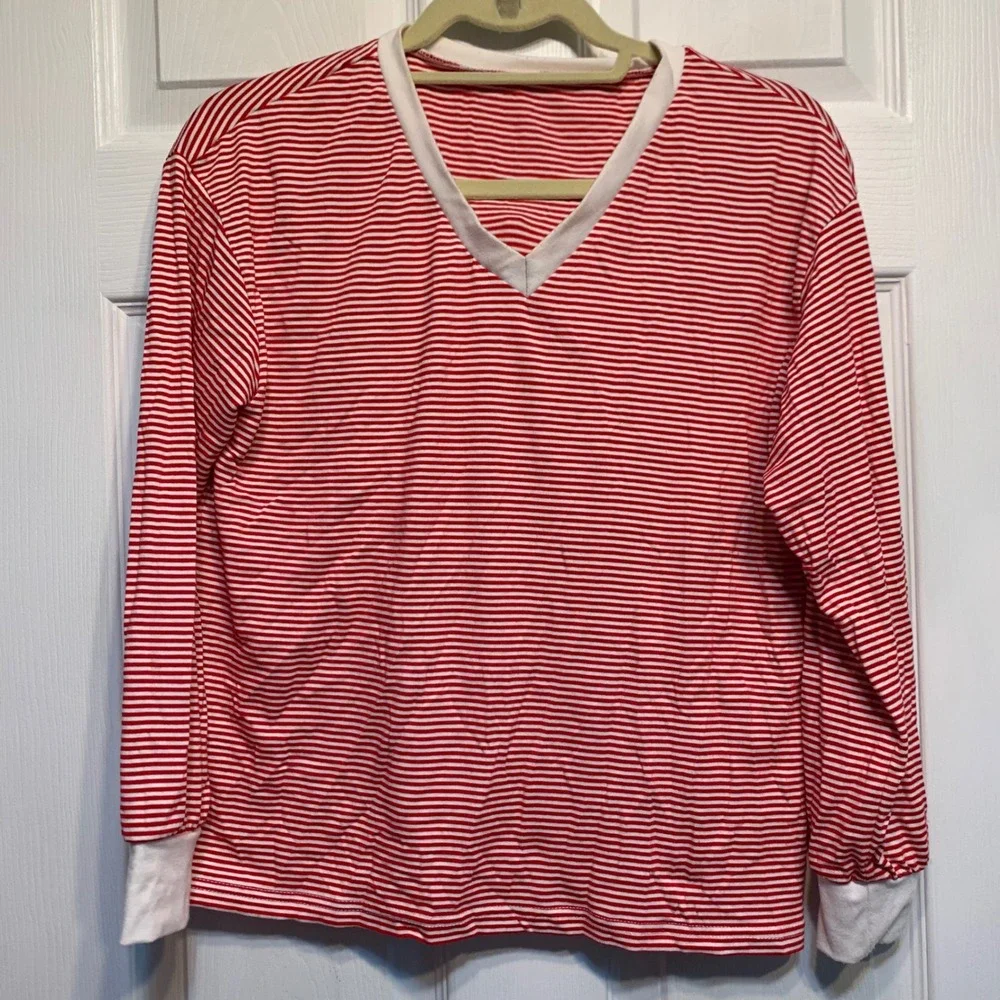 Pajama Set Small Red White Striped V-Neck Long Sleeve Loungewear Holiday Cozy
